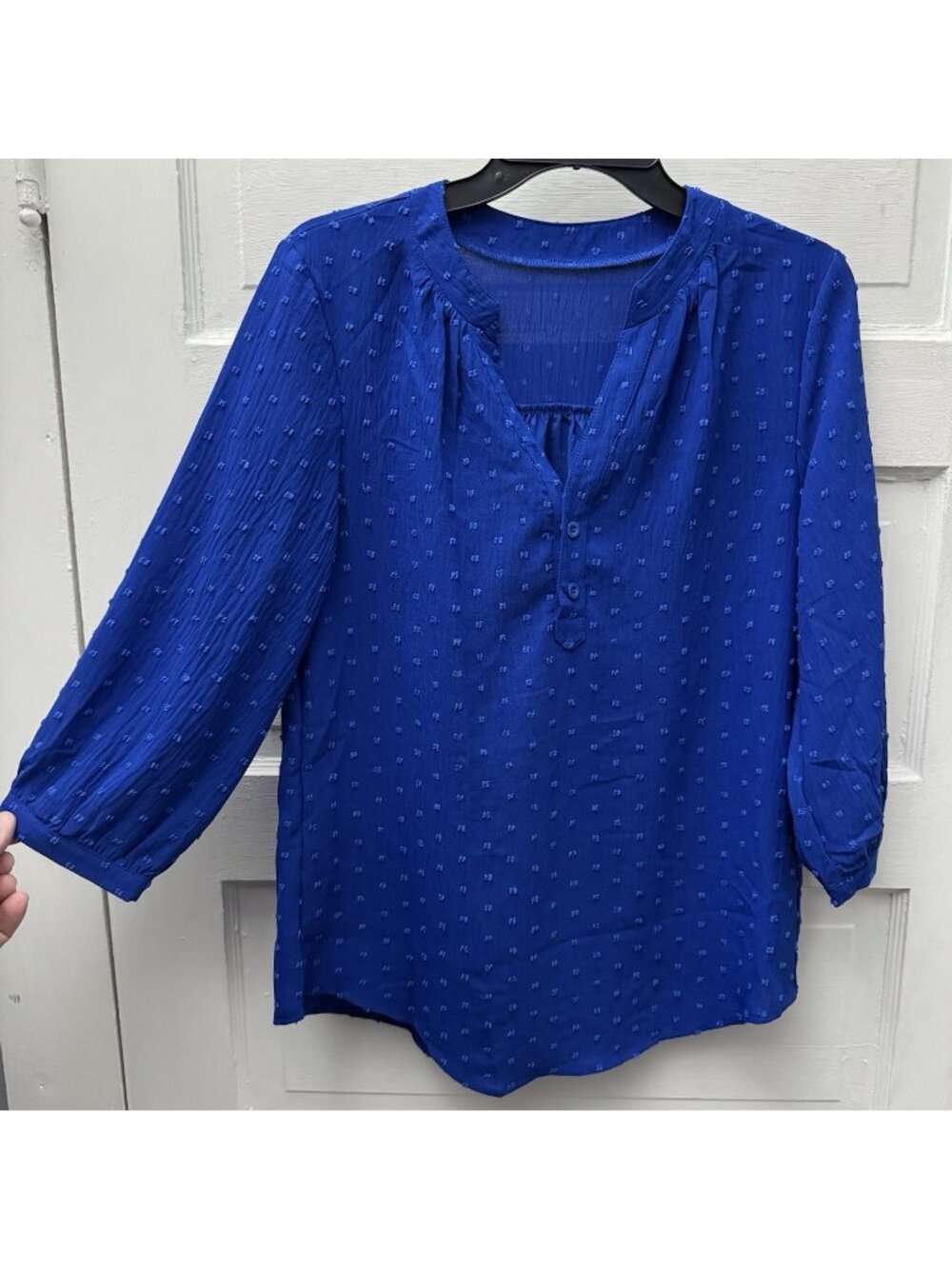 Lomon Royal Blue Swiss Dot Blouse Medium 3/4 Sleeve Textured NWT